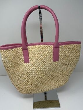J. Crew Woven Straw Raffia Genuine Leather Trim Beach Pool Bag Tote Purse Pink